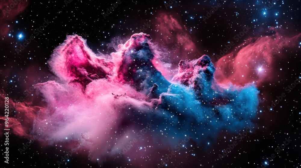 Obraz premium A vibrant and colorful nebula, a cloud of gas and dust illuminated by nearby stars, revealing the beauty and complexity of interstellar matter.