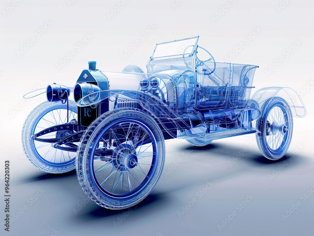 Naklejka premium Car 1900s visualization with augmented reality Transparent car in studio drawing in blue colors blueprint glowing neon hologram futuristic show technology security for premium product business finance