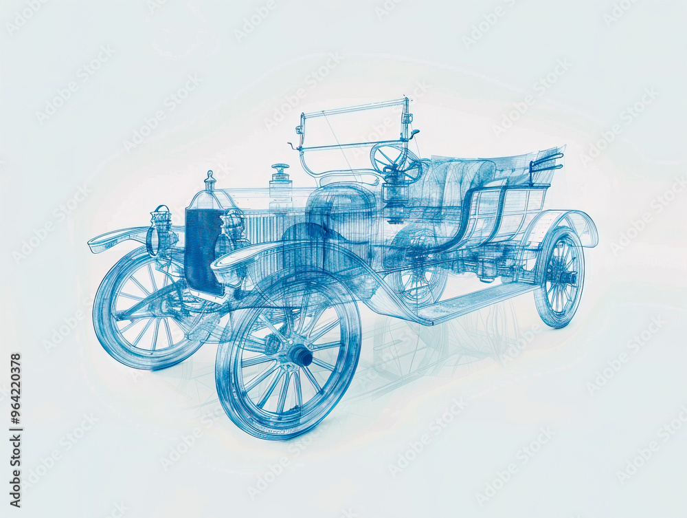 Fototapeta premium Car 1900s visualization with augmented reality Transparent car in studio drawing in blue colors blueprint glowing neon hologram futuristic show technology security for premium product business finance