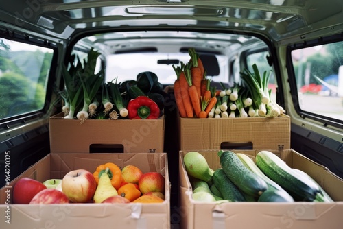Baskets of vibrant, fresh vegetables and fruits inside a vehicle, ready for delivery or a market stall, celebrating the bounty of a recent harvest.