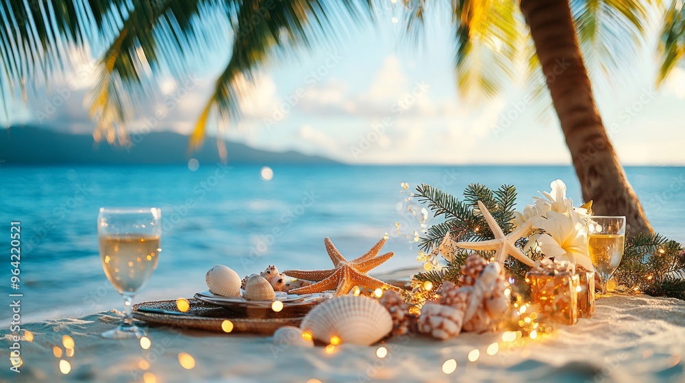 Romantic christmas dinner setup for two on a tropical beach with sparkling wine and seashells, with a blurred ocean and palm tree in the background
