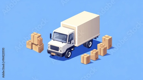 A delivery truck surrounded by packages, cartoon style, blue background, concept of fast moving services