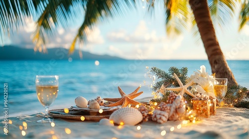 Obraz na płótnie Romantic christmas dinner setup for two on a tropical beach with sparkling wine and seashells, with a blurred ocean and palm tree in the background w salonie