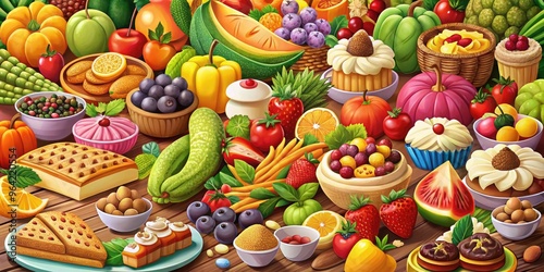 A Colorful Vector Illustration Depicting Various Types Of Food, Including Fruits, Vegetables, And Desserts, Arranged In A Visually Appealing Composition.