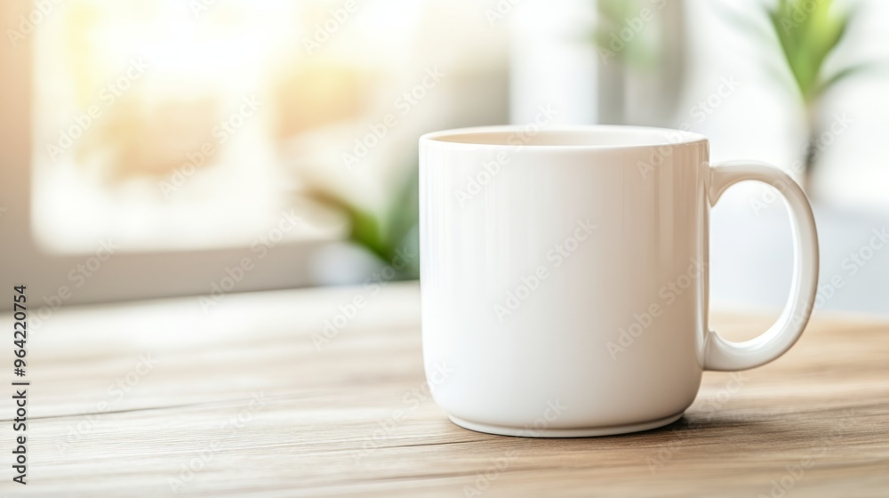 Cozy scene with a white mug on a wooden table in a sunlit room, perfect for a relaxing morning break with a warm beverage Cozy scene with a white mug on a wooden table in a sunlit room, perfect for a relaxing morning break with a warm beverage