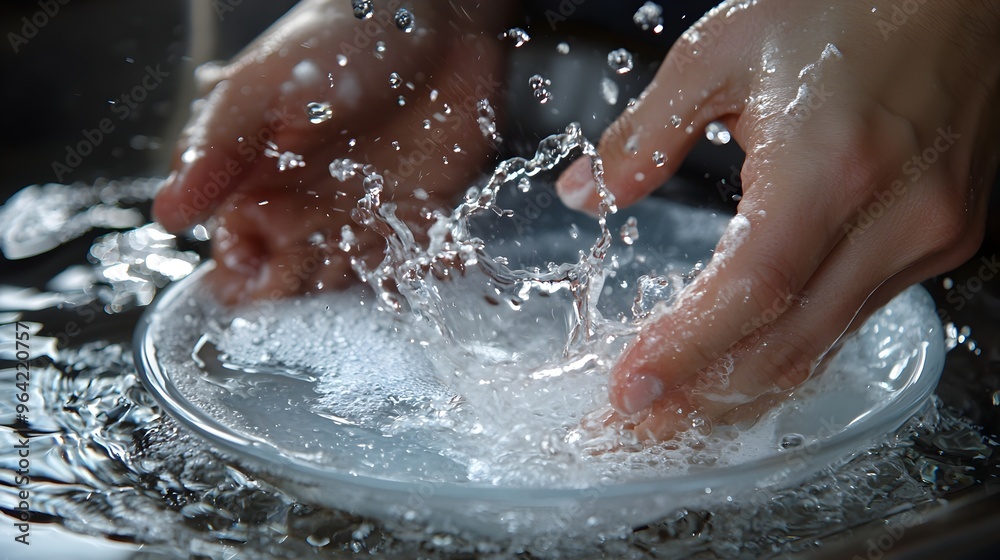 Fototapeta premium Hands Rinsing Soap from Plate Under Splashing Water
