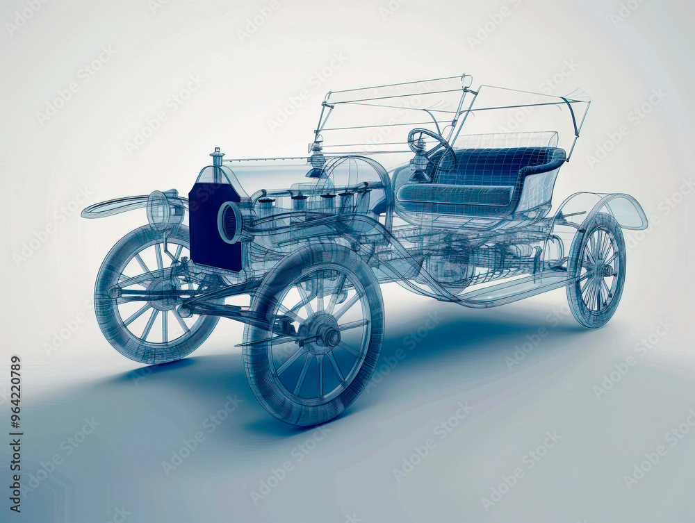 Car 1910s visualization with augmented reality Transparent car in studio drawing in blue colors blueprint glowing neon hologram futuristic show technology security for premium product business finance Car 1910s visualization with augmented reality Transparent car in studio drawing in blue colors blueprint glowing neon hologram futuristic show technology security for premium product business finance
