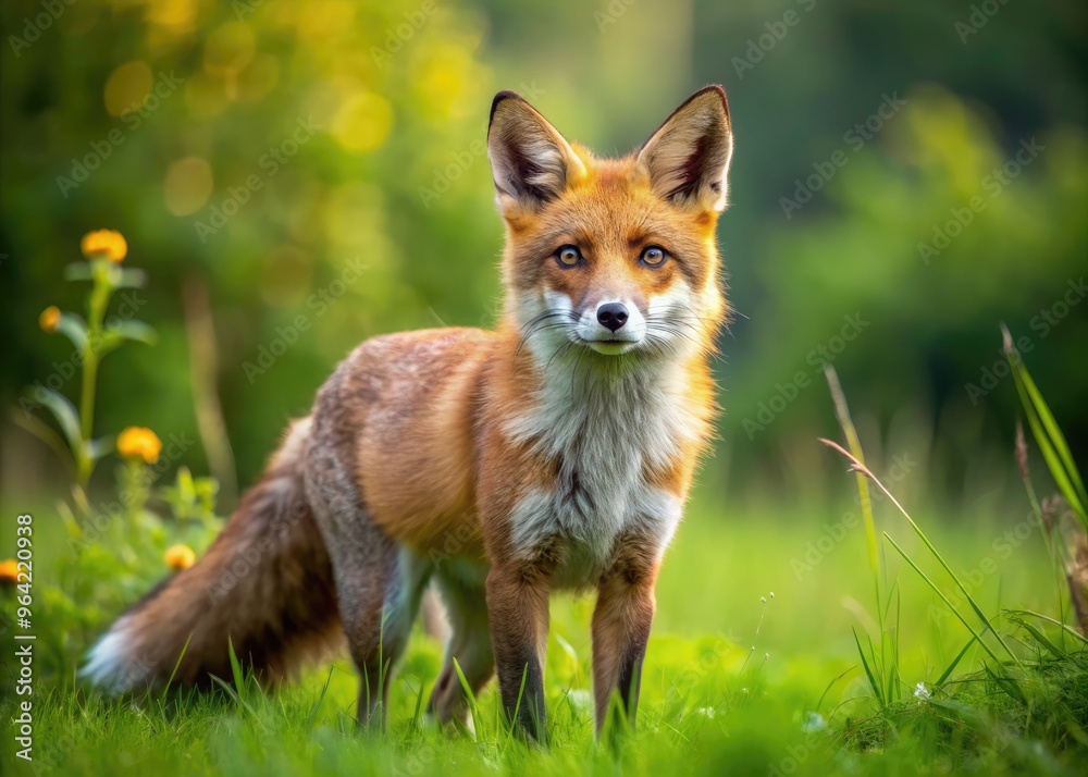 Obraz premium A curious and agile red fox with a bushy tail and piercing yellow eyes standing confidently in a lush green meadow on a sunny day.