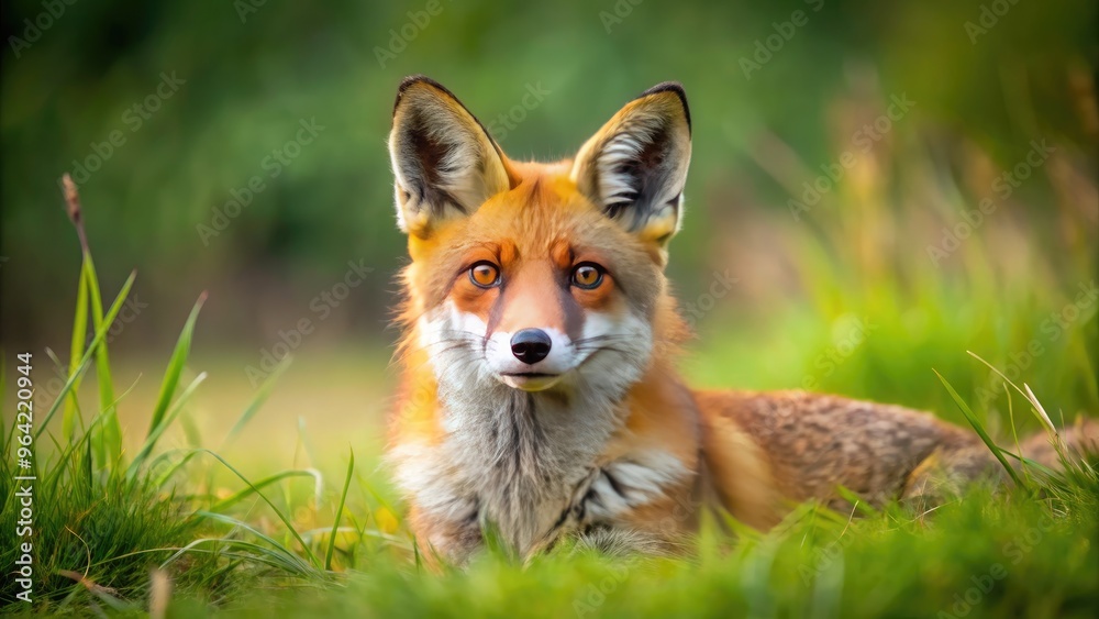A Cunning Fox With A Bushy Tail And Sharp Ears, Resting On A Grassy Meadow, Looking Directly Ahead.