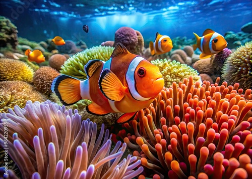 A curious clownfish swims through a vibrant coral reef, searching for its family, amidst a school of exotic marine life and seaweed-covered rocks. photo