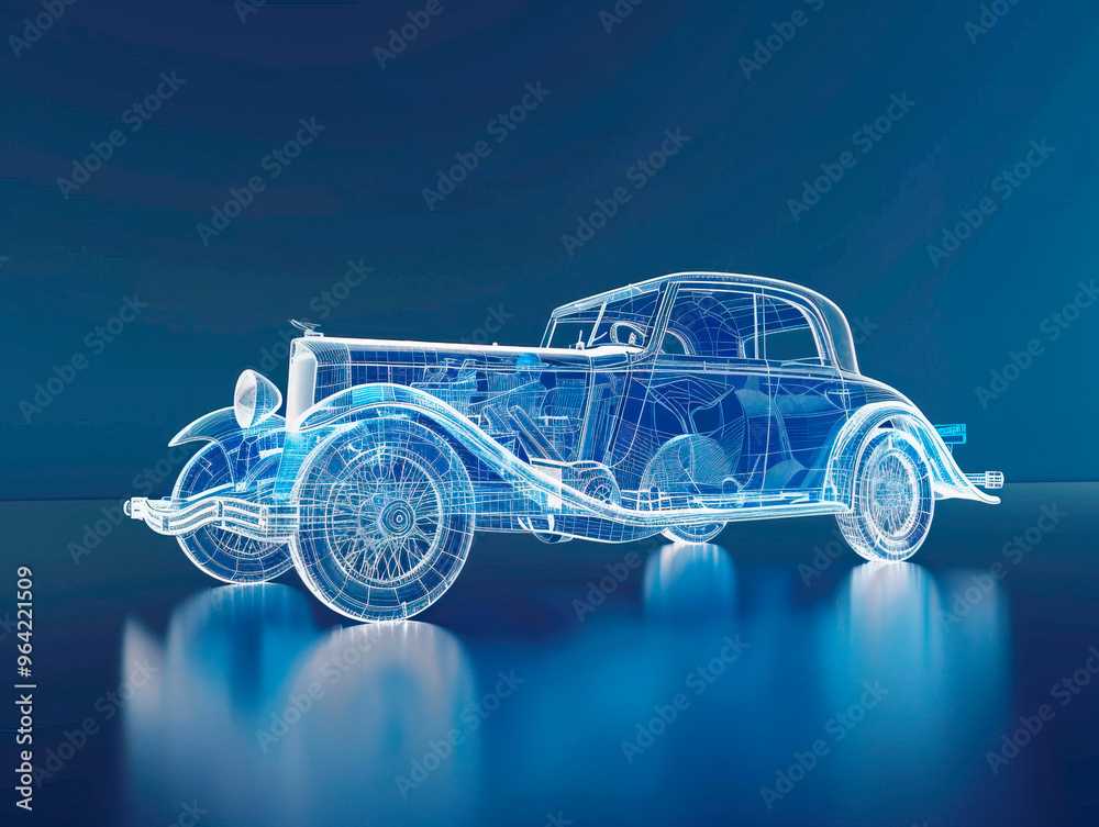 Car visualization with augmented reality Transparent car in studio drawing in blue colors, blueprint glowing neon hologram futuristic show technology security for premium product business financ Car visualization with augmented reality Transparent car in studio drawing in blue colors, blueprint glowing neon hologram futuristic show technology security for premium product business financ