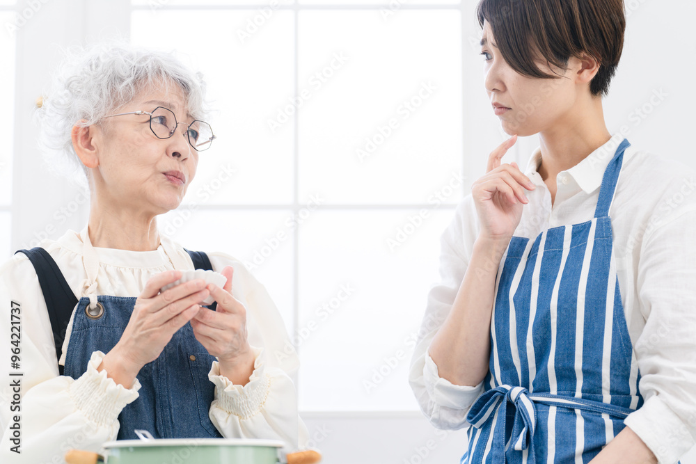 Fototapeta premium キッチンに立つ若い女性とシニア女性 料理イメージ