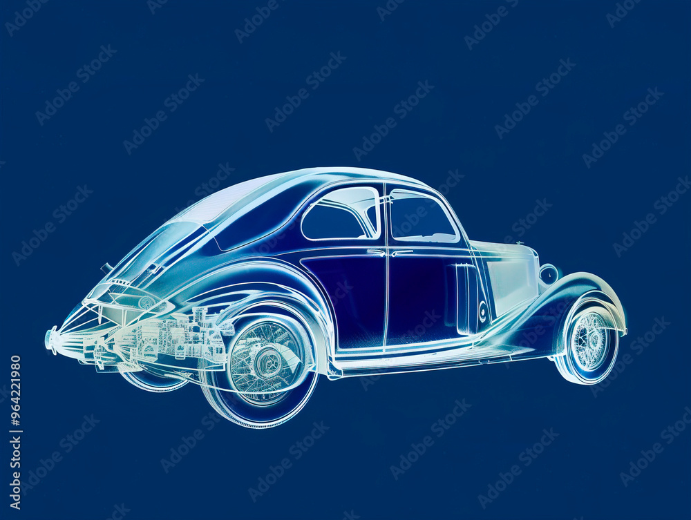 Fototapeta premium Car visualization with augmented reality Transparent car in studio drawing in blue colors, blueprint glowing neon hologram futuristic show technology security for premium product business financ