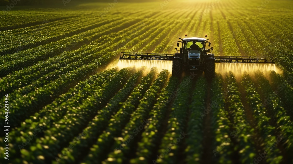 Fototapeta premium A modern tractor spraying chemicals on a lush green field.