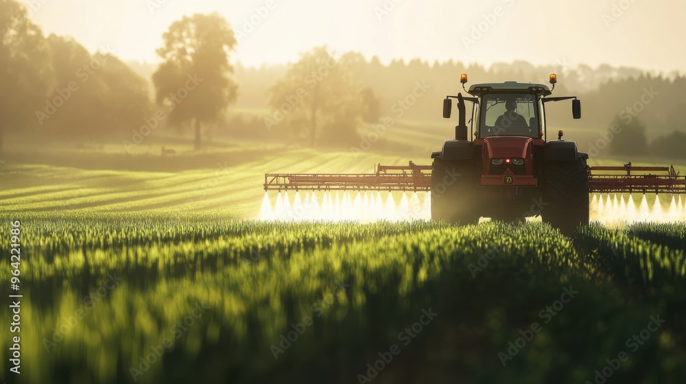 Fototapeta premium A modern tractor spraying chemicals on a lush green field.