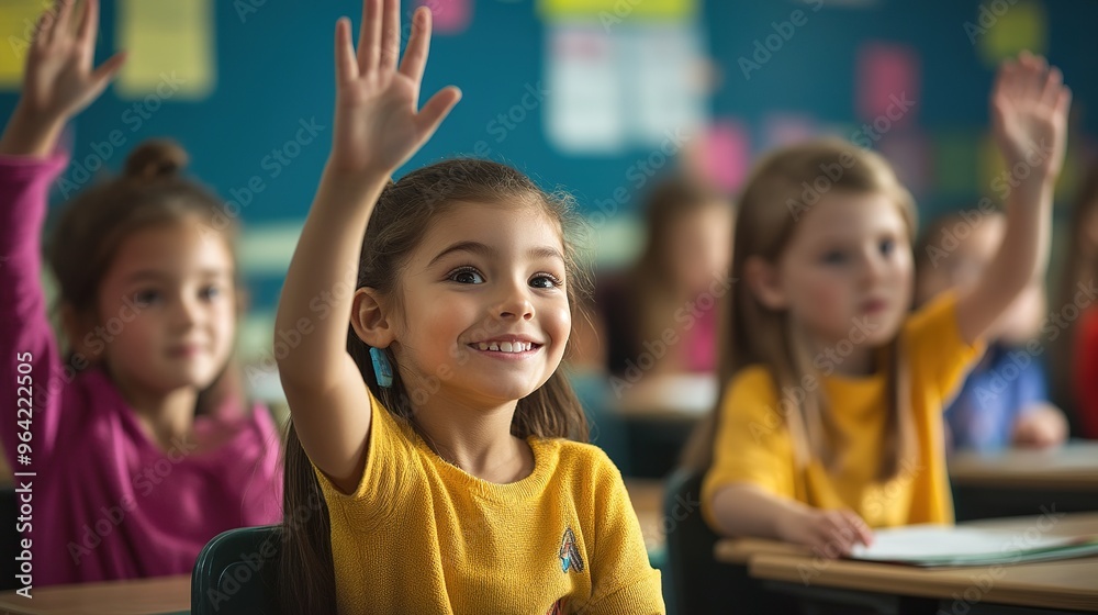 Students sitting at their desks in a classroom, eagerly raising their hands to answer questions Students sitting at their desks in a classroom, eagerly raising their hands to answer questions