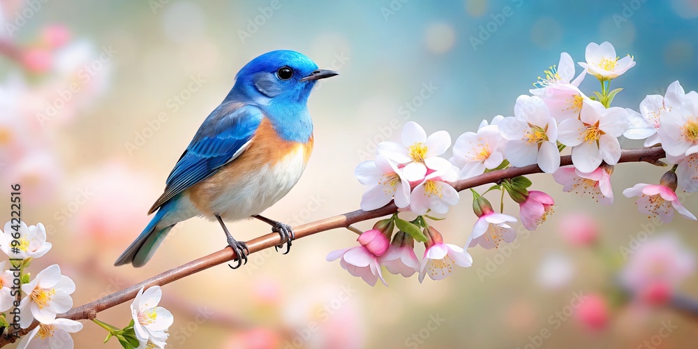 Adorable bright blue bird perched on a blooming cherry blossom branch against a soft white background, creating a sweet and serene nature-inspired wallpaper design. Adorable bright blue bird perched on a blooming cherry blossom branch against a soft white background, creating a sweet and serene nature-inspired wallpaper design.