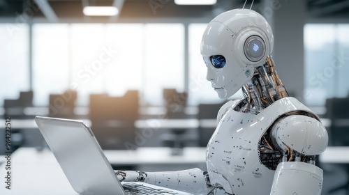 Robots conducting a financial audit in a high-tech office, thorough financial evaluation, AI in compliance and regulation.