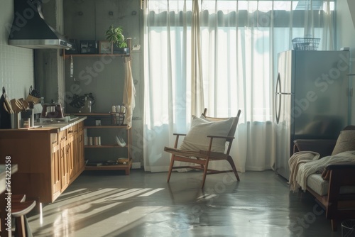 A cozy, sunlit kitchen with rustic furniture and soft light filtering in through large windows, exuding warmth and comfort.