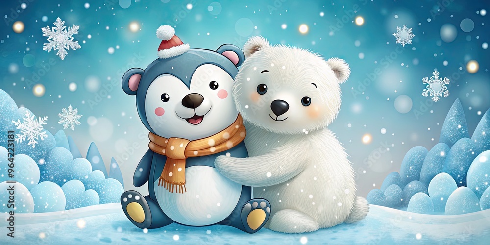 Adorable cartoon penguin and polar bear friends playfully embracing, surrounded by snowflakes and icy blue background, conveying friendship and winter wonderland magic. Adorable cartoon penguin and polar bear friends playfully embracing, surrounded by snowflakes and icy blue background, conveying friendship and winter wonderland magic.