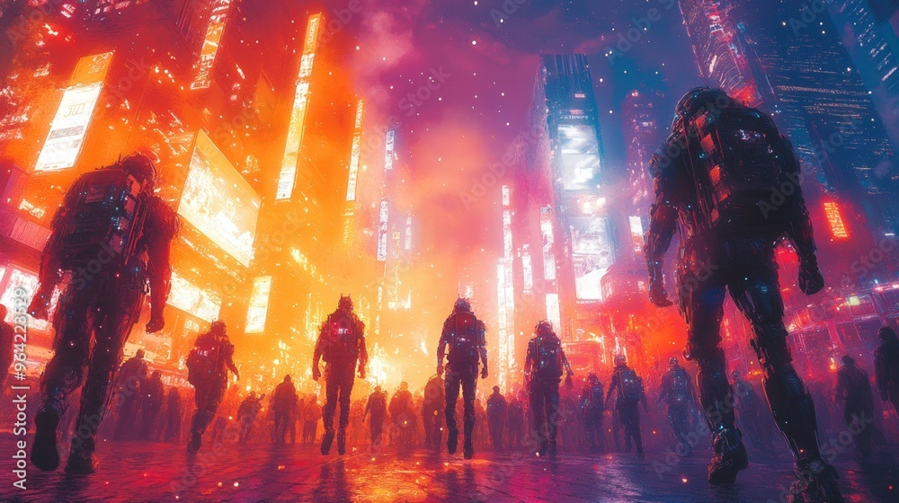 A futuristic illustration showcasing a dynamic scene of cyborgs and robots performing a synchronized dance routine in a futuristic cityscape A futuristic illustration showcasing a dynamic scene of cyborgs and robots performing a synchronized dance routine in a futuristic cityscape
