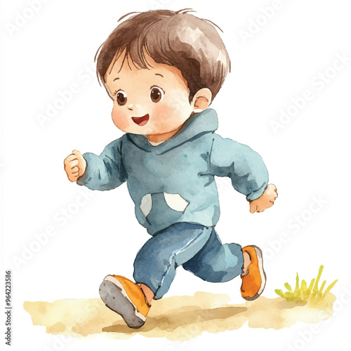 cute kid playing Jogging watercolor clipart