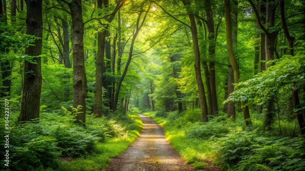 Fototapeta premium Tranquil forest path surrounded by dense green foliage in daylight