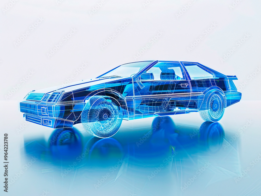 Naklejka premium Car visualization with augmented reality Transparent car in studio drawing in blue colors, blueprint glowing neon hologram futuristic show technology security for premium product business financ