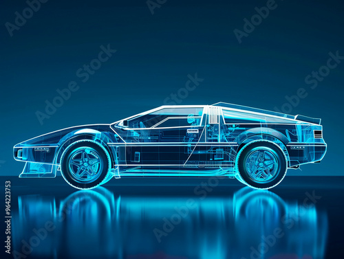 Car visualization with augmented reality Transparent car in studio drawing in blue colors, blueprint glowing neon hologram futuristic show technology security for premium product business financ photo