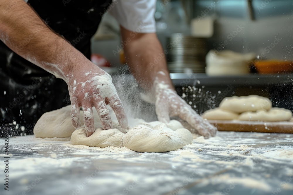 Baker kneading dough with flour dusting in a kitchen Baker kneading dough with flour dusting in a kitchen