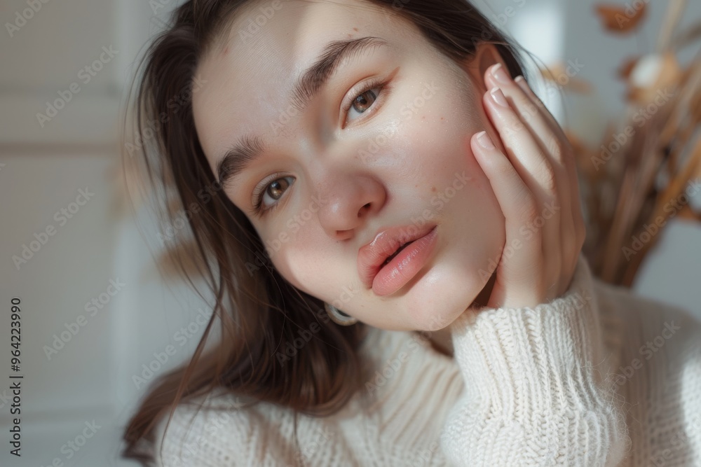 A young woman in a cozy sweater basks in the soft, dappled sunlight filtering through a window, highlighting the serene expression on her face. A young woman in a cozy sweater basks in the soft, dappled sunlight filtering through a window, highlighting the serene expression on her face.