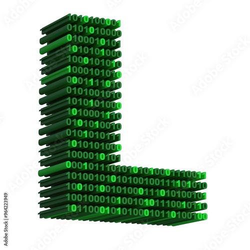 3D isometric letter L font made from binary code digits on transparent background PNG
