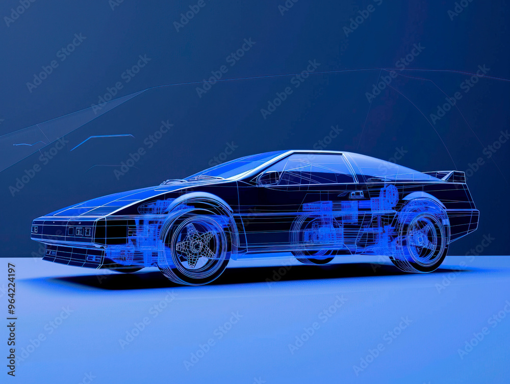 Naklejka premium Car visualization with augmented reality Transparent car in studio drawing in blue colors, blueprint glowing neon hologram futuristic show technology security for premium product business financ