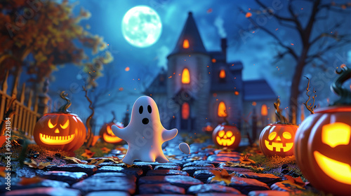 A cute ghost with jack-o-lantern pumpkins near a spooky mansion on Halloween night. Halloween background, Halloween illustration, Halloween banner photo