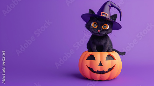 A black cat in a witch hat sits on a jack-o-lantern pumpkin on a purple background. Halloween background, Halloween banner, Halloween illustration