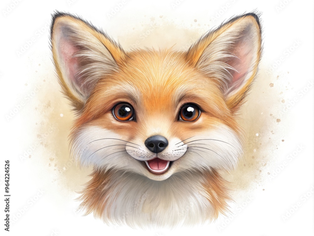 Adorable, whimsical illustration of a smiling fox face with bright, inquisitive eyes and bushy ears, surrounded by subtle, hand-drawn texture and pastel colors. Adorable, whimsical illustration of a smiling fox face with bright, inquisitive eyes and bushy ears, surrounded by subtle, hand-drawn texture and pastel colors.