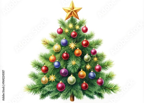 A Drawing Of A Christmas Tree Decorated With Ornaments And A Star On Top, Isolated On A White Background.