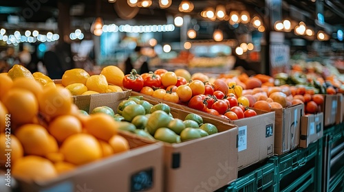 The image shows a grocery store filled with a variety of fruits and vegetables in cardboard boxes, with a blurred background and lights at the top