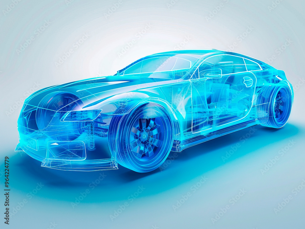 Fototapeta premium Car visualization with augmented reality Transparent car in studio drawing in blue colors, blueprint glowing neon hologram futuristic show technology security for premium product business finance