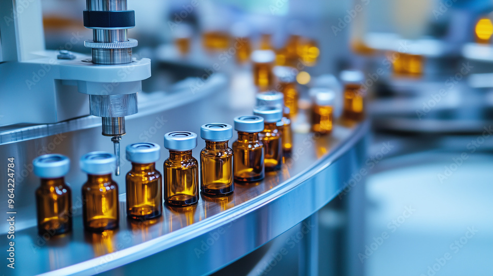 Linia produkcyjna w fabryce farmaceutycznej, gdzie pracownicy sprawdzają fiolki medyczne podczas produkcji. Linia produkcyjna w fabryce farmaceutycznej, gdzie pracownicy sprawdzają fiolki medyczne podczas produkcji.