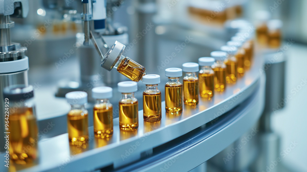 Naklejka premium Linia produkcyjna w fabryce farmaceutycznej, gdzie pracownicy sprawdzają fiolki medyczne podczas produkcji. 