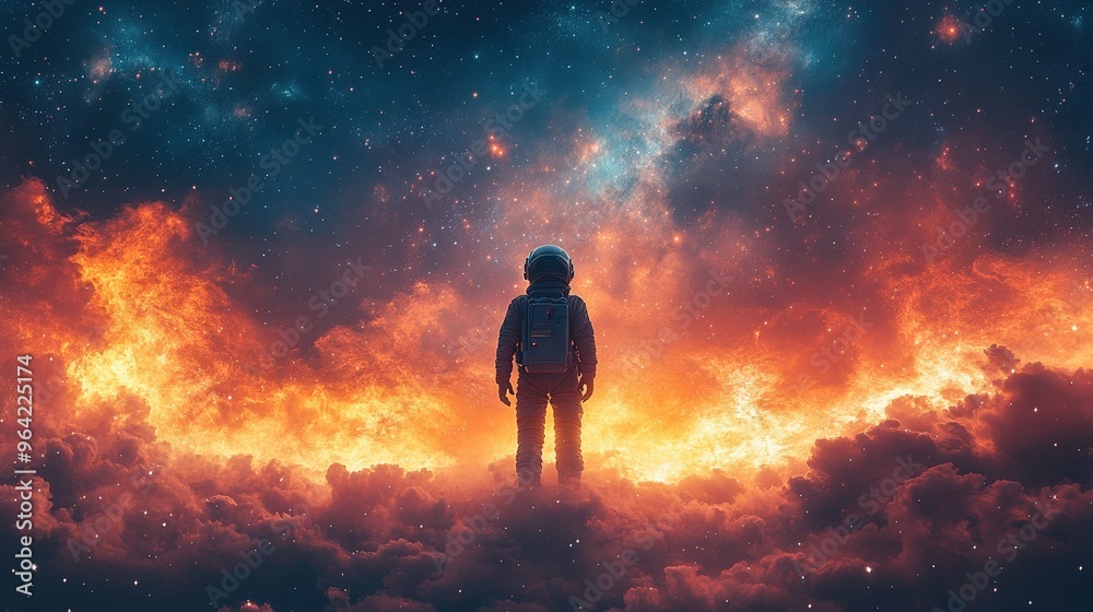 A captivating illustration of a lone astronaut, floating through space, against the backdrop of a vast starry sky A captivating illustration of a lone astronaut, floating through space, against the backdrop of a vast starry sky