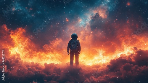 A captivating illustration of a lone astronaut, floating through space, against the backdrop of a vast starry sky