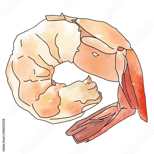 This digital art shows a curled, peeled shrimp.