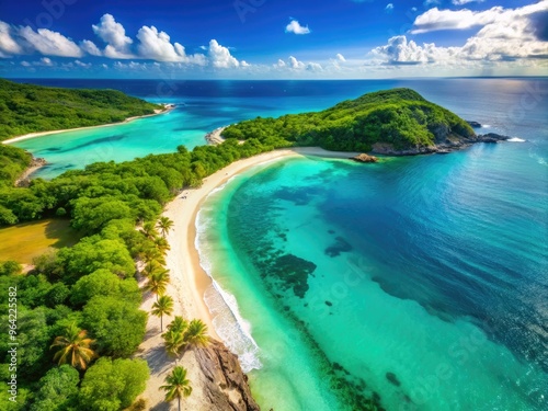 Aerial View Of A Turquoise Blue Bay, White Sandy Beach, And Lush Green Shoreline On A Sunny Day In The Caribbean photo