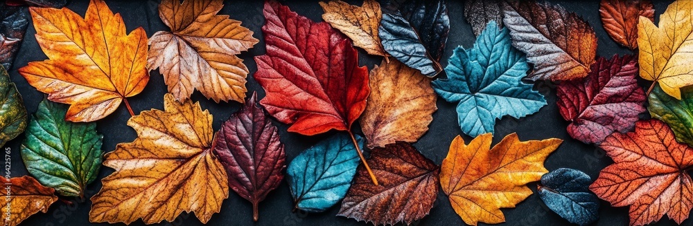 Various autumn leaves in striking colors are arranged artistically on a dark background, highlighting their unique shapes and textures Various autumn leaves in striking colors are arranged artistically on a dark background, highlighting their unique shapes and textures
