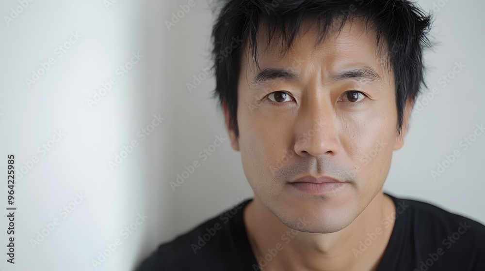 Thoughtful Asian Man with Contemplative Expression on Simple White Backdrop Thoughtful Asian Man with Contemplative Expression on Simple White Backdrop