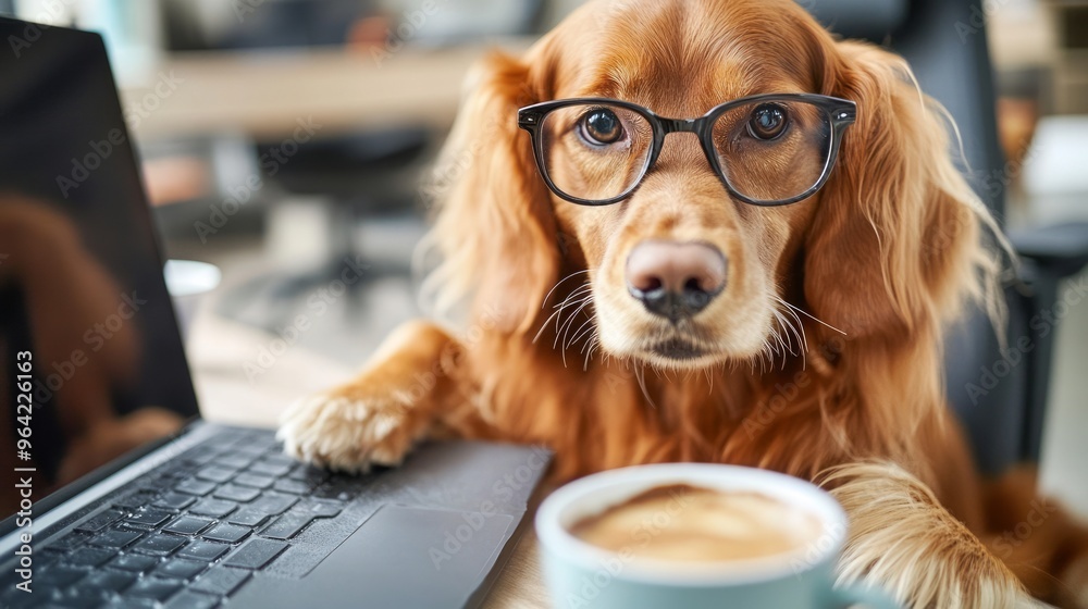 Golden retriever dog with eyeglasses sitting at a home office desk with a laptop and coffee cup nearby