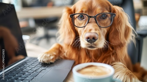 Obraz na płótnie Golden retriever dog with eyeglasses sitting at a home office desk with a laptop and coffee cup nearby w salonie