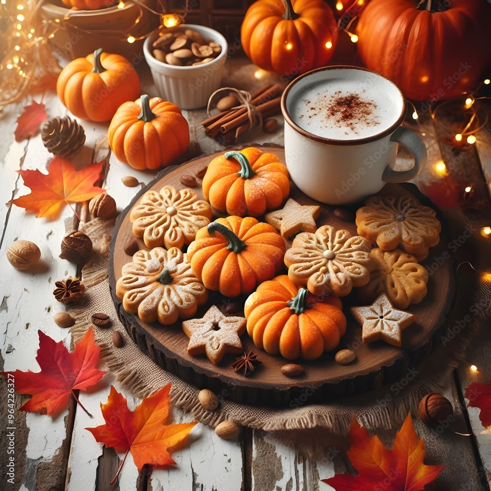 A plate of pumpkin cookies surrounded by vibrant autumn leaves, showcasing the essence of fall baking. A plate of pumpkin cookies surrounded by vibrant autumn leaves, showcasing the essence of fall baking.